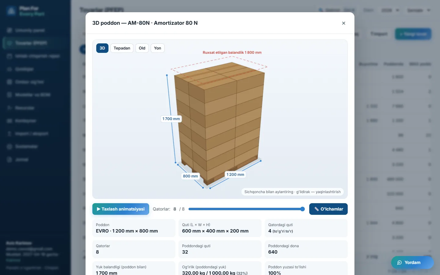 3D pallet: how boxes are stacked on a pallet